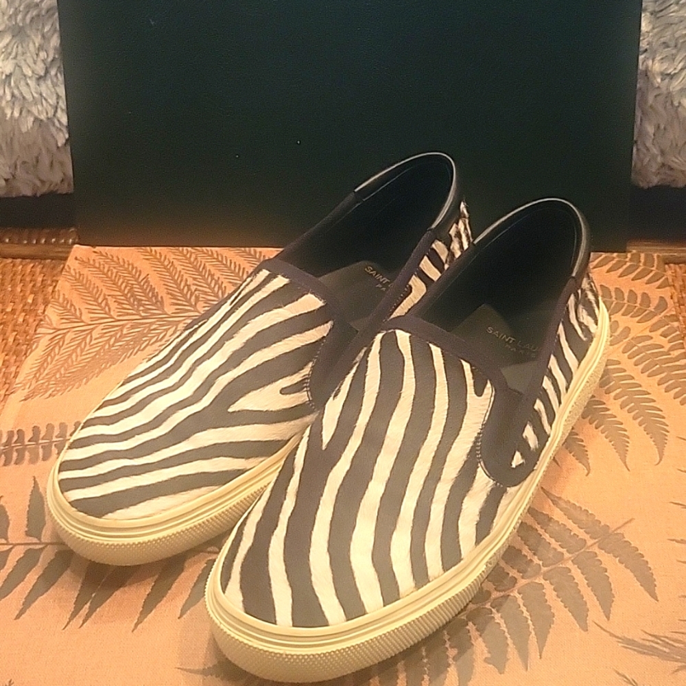 SAINT LAURENT mens pony hair slip on shoes